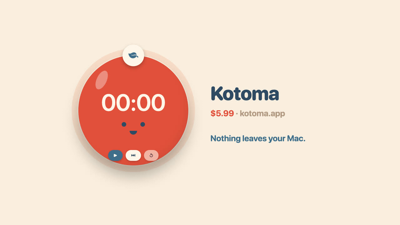 Kotoma, a tomato-shaped focus timer with a face, showing 25:00